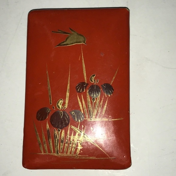 Japanese Lacquer BOX w/Paper Mache Floral Hand Painted Box Orange W/ Gold Bird - Picture 2 of 12